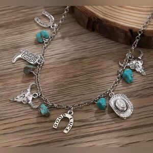 Western Rodeo Silver Link Charm Necklace cowgirl boots cowboy hat horseshoe